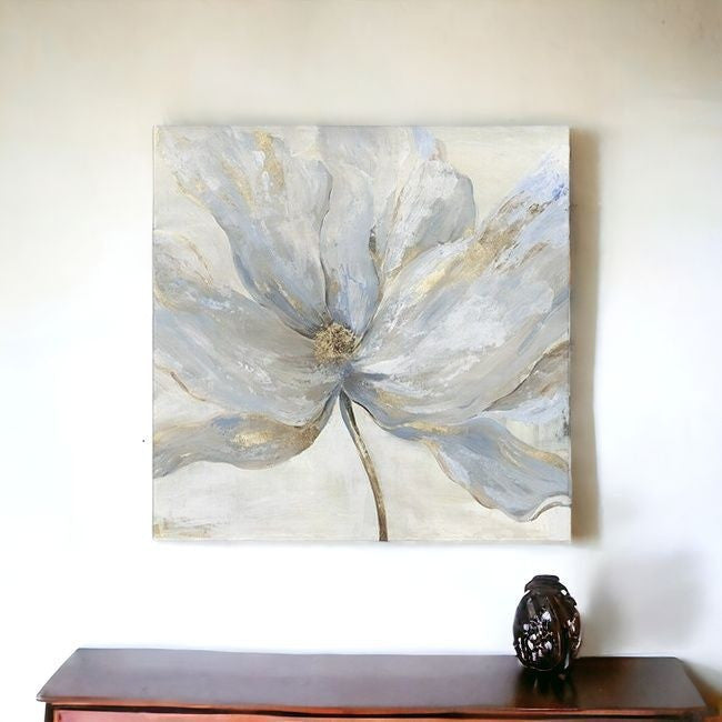 Soft Blue And Grey Flower With Gold Details Unframed Print Wall Art