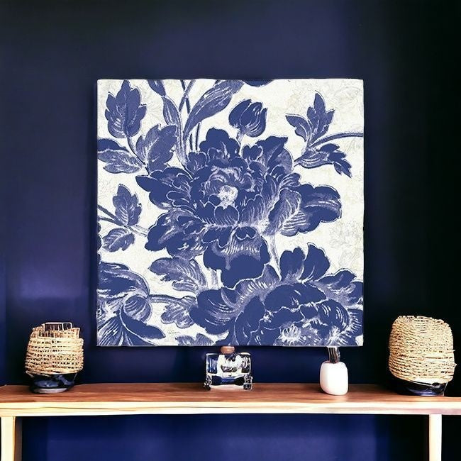 Blue Toile Roses Unframed Print Wall Art