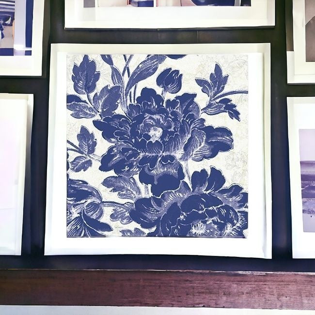 Blue Toile Roses Unframed Print Wall Art