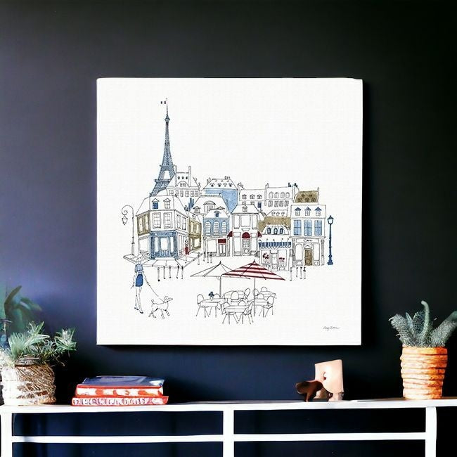 French Caf With Red And Blue Accents Unframed Print Wall Art