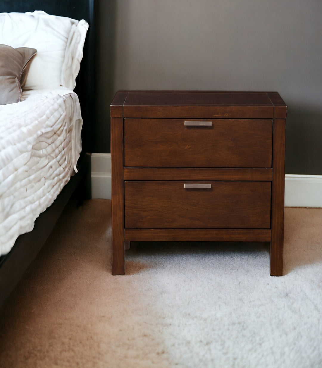 24" Brown Two Drawers Faux Wood Nightstand