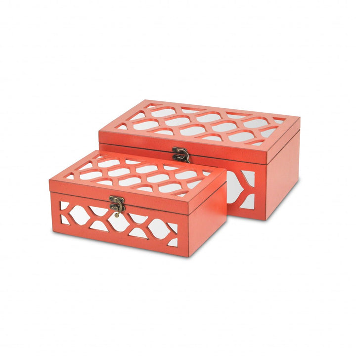 Set of Coral Quatrefoil Mirror Jewelry Storage Boxes