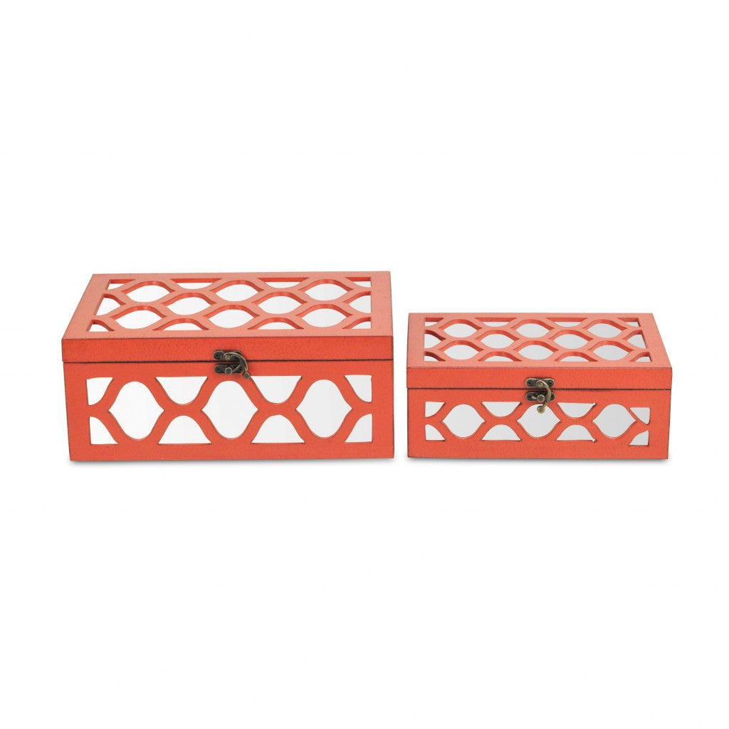 Set of Coral Quatrefoil Mirror Jewelry Storage Boxes