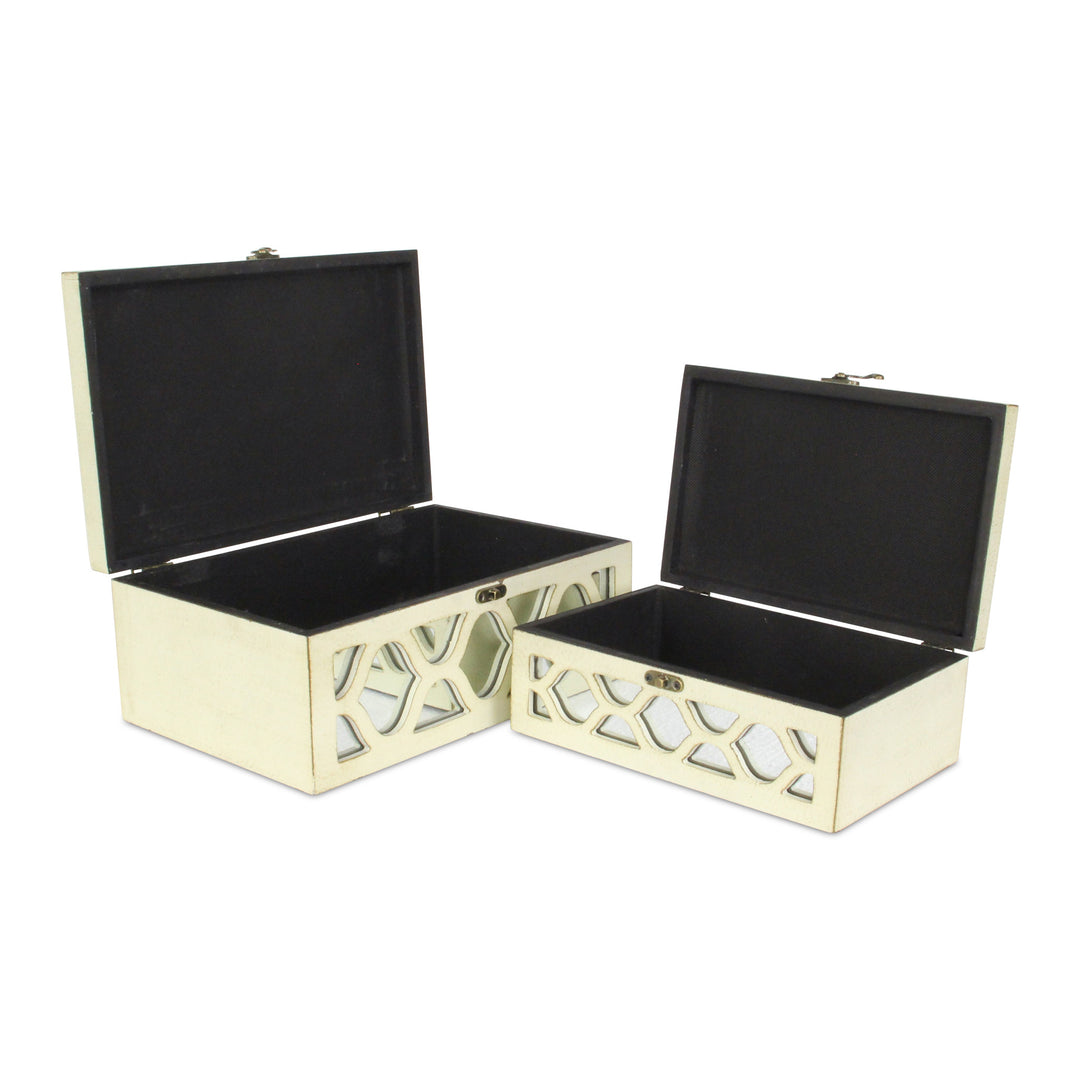 Set of White Quatrefoil Mirror Jewelry Storage Boxes