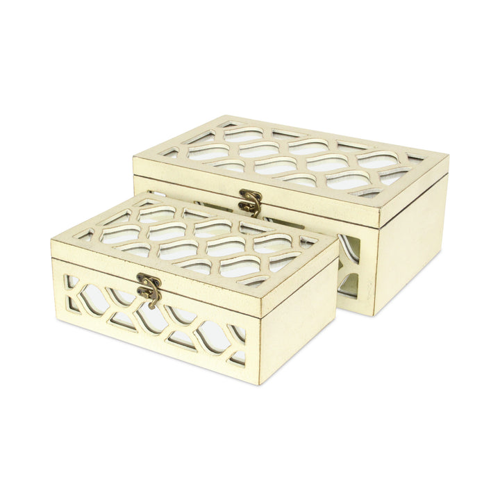 Set of White Quatrefoil Mirror Jewelry Storage Boxes