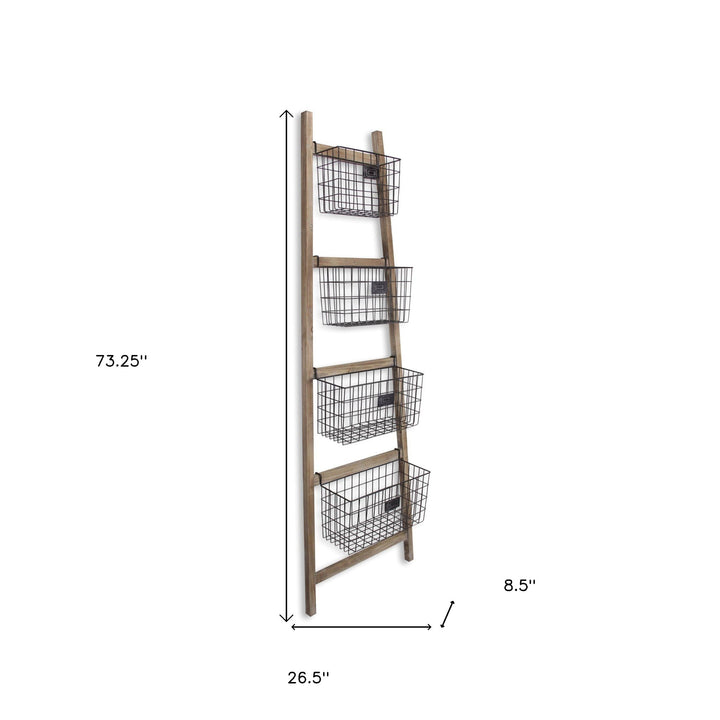 Wooden Ladder Storage Piece with 4 Baskets