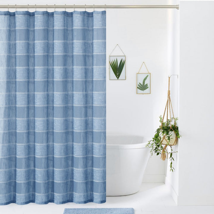 Blue Striped Polyester Embroidered Shower Curtain