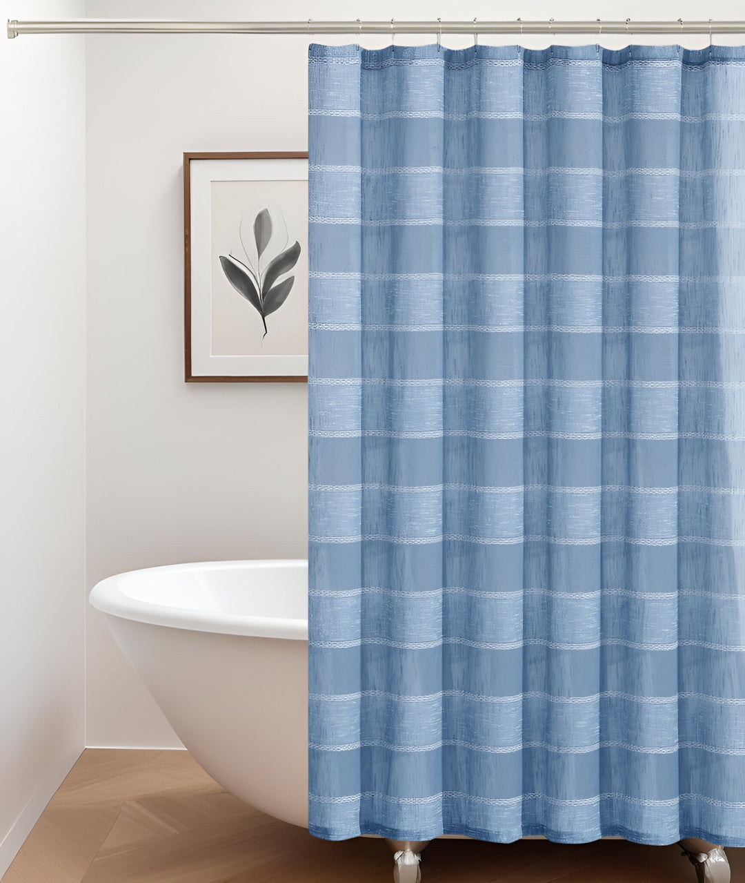 Blue Striped Polyester Embroidered Shower Curtain