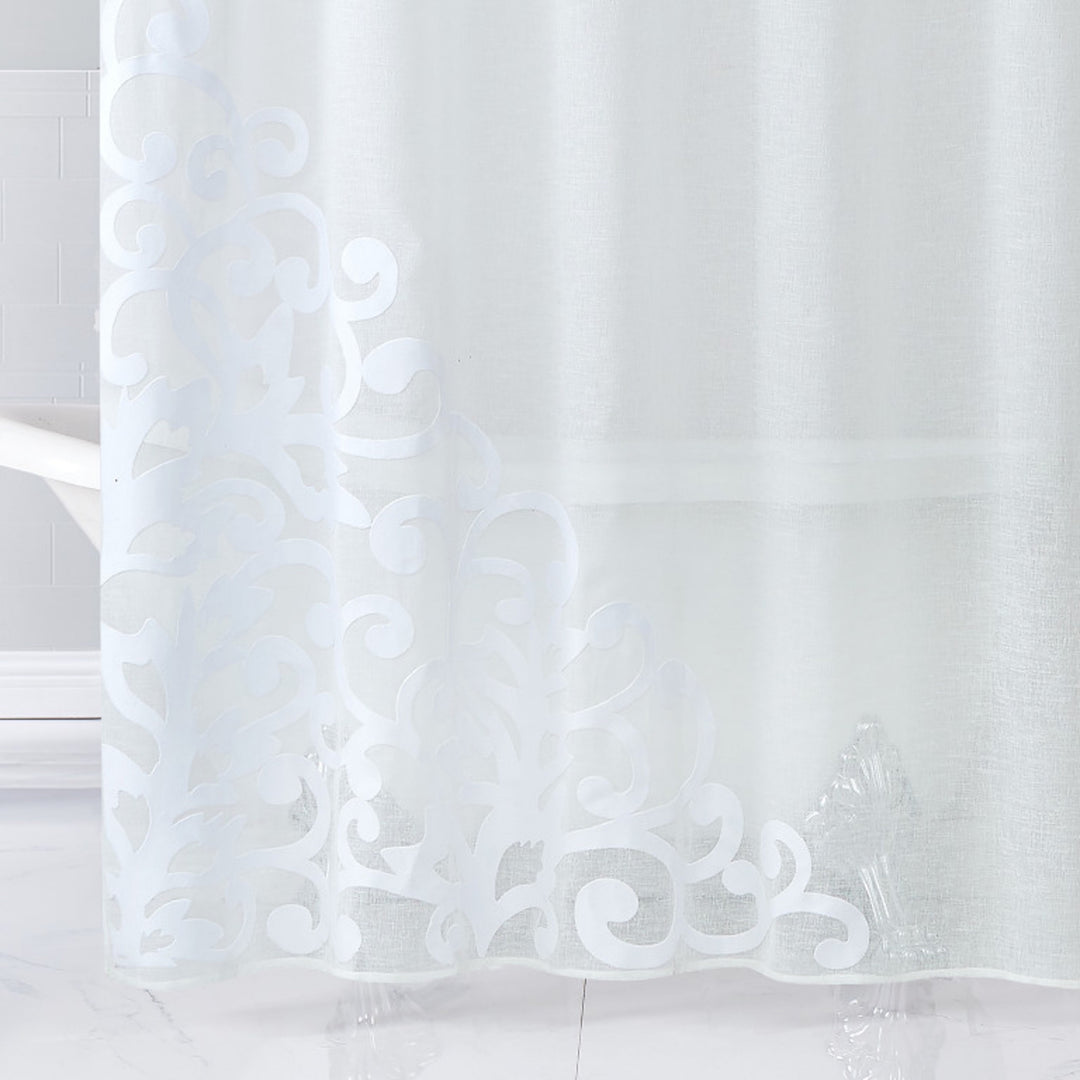 White Contemporary Velvet Scroll Shower Curtain