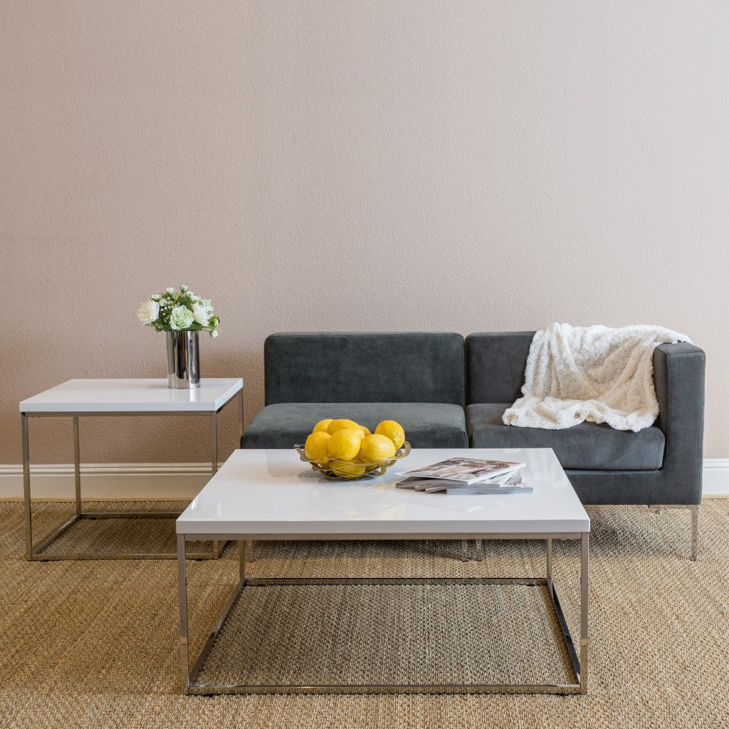 35" White And Silver Metal Square Coffee Table