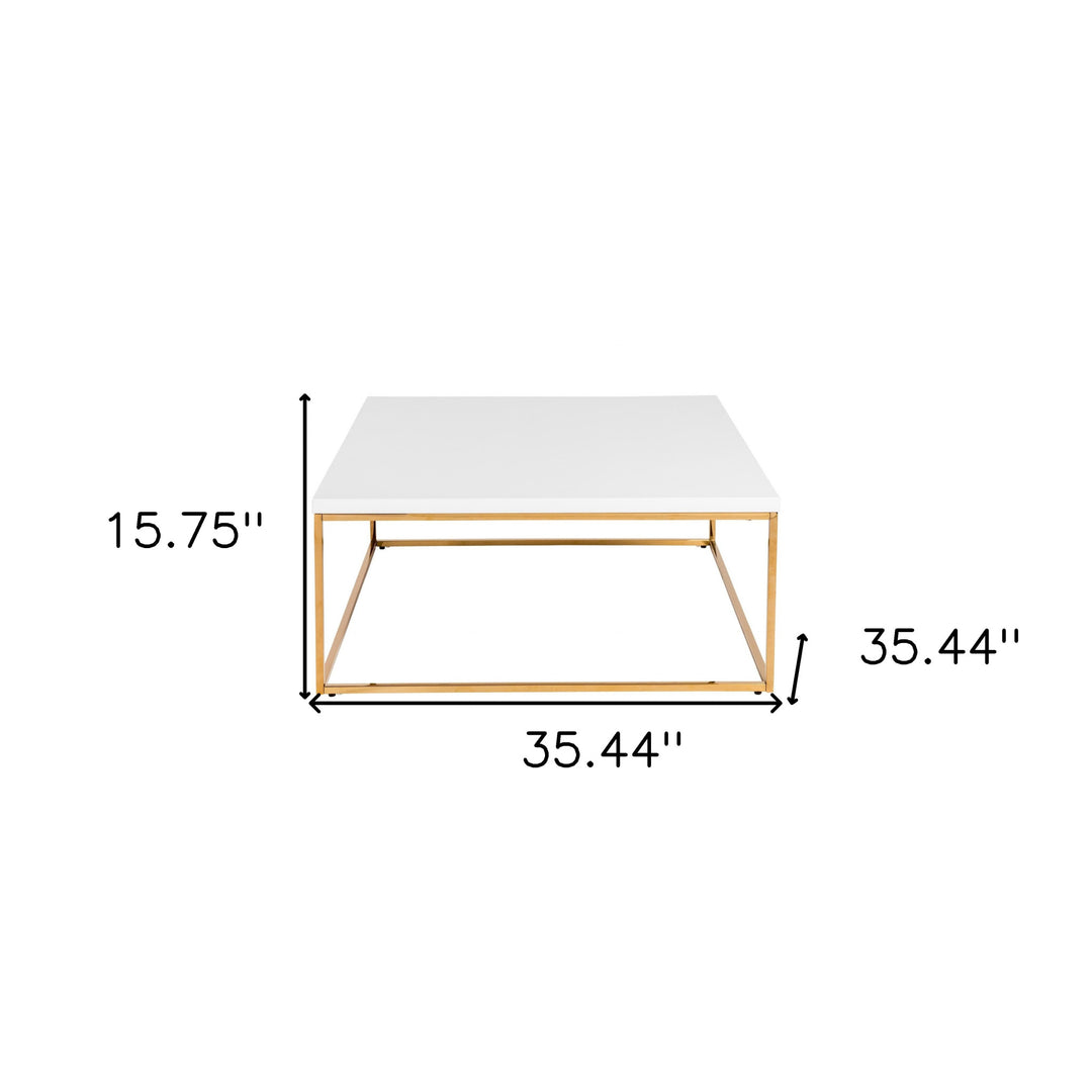 35" White And Gold Metal Square Coffee Table