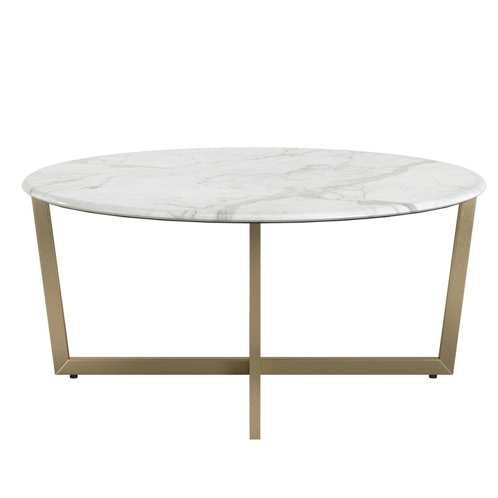 36" White And Gold Faux Marble Round Coffee Table