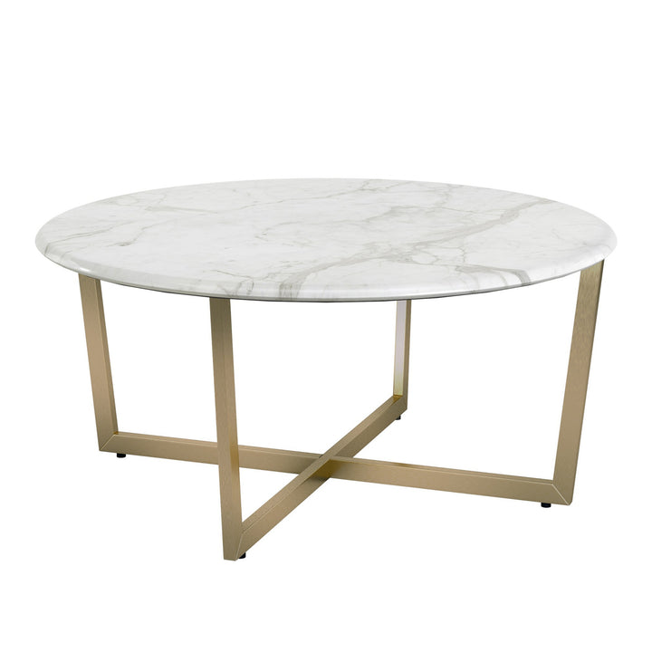 36" White And Gold Faux Marble Round Coffee Table