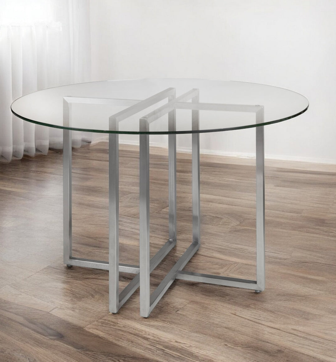 42" Clear And Silver Rounded Glass And Metal Trestle Base Dining Table