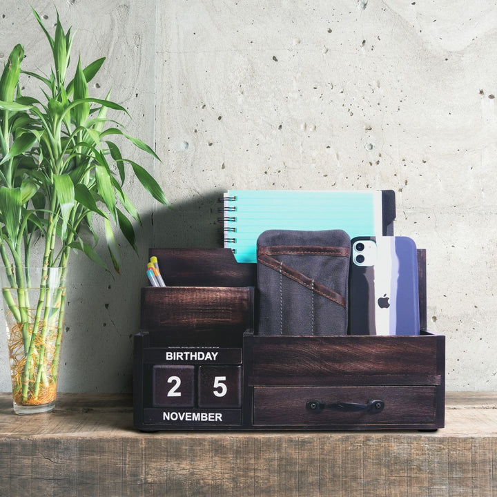 Black Rustic Wood Desk or Counter Organizer