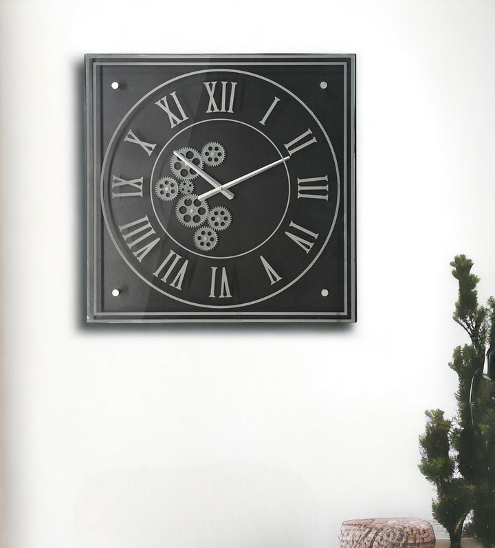 24" Black and Silver Vintage Style Gears Square Wall Clock