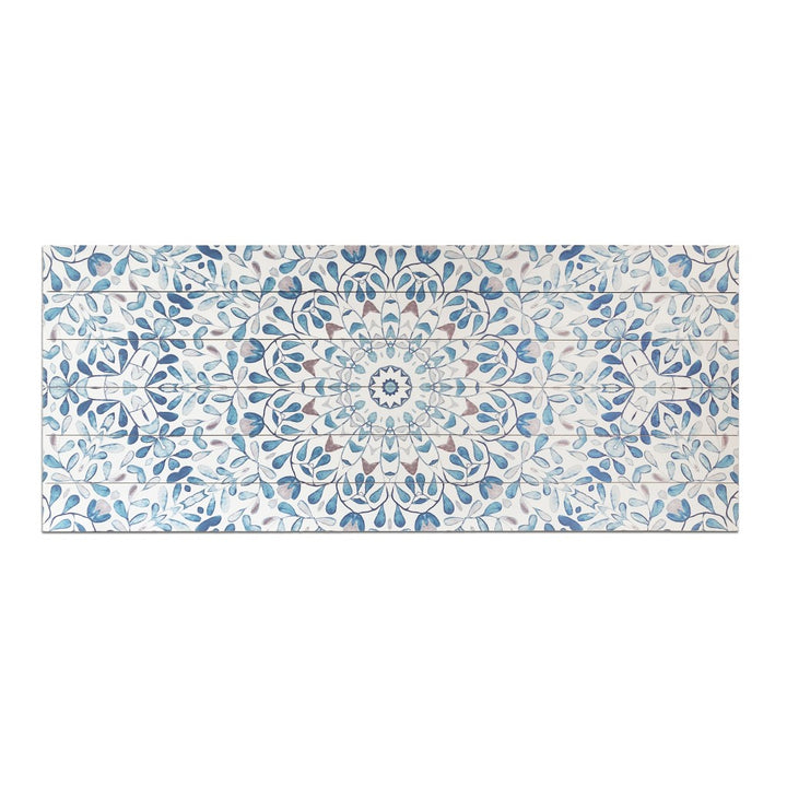 19" X 45" Shades of Blue Ornate Floral Medallion Wood Plank Wall Art