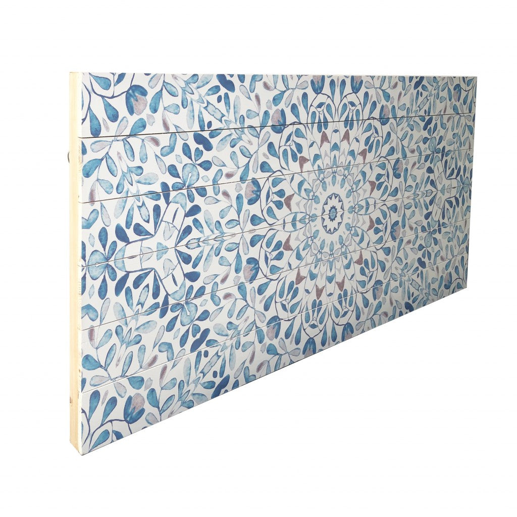 19" X 45" Shades of Blue Ornate Floral Medallion Wood Plank Wall Art