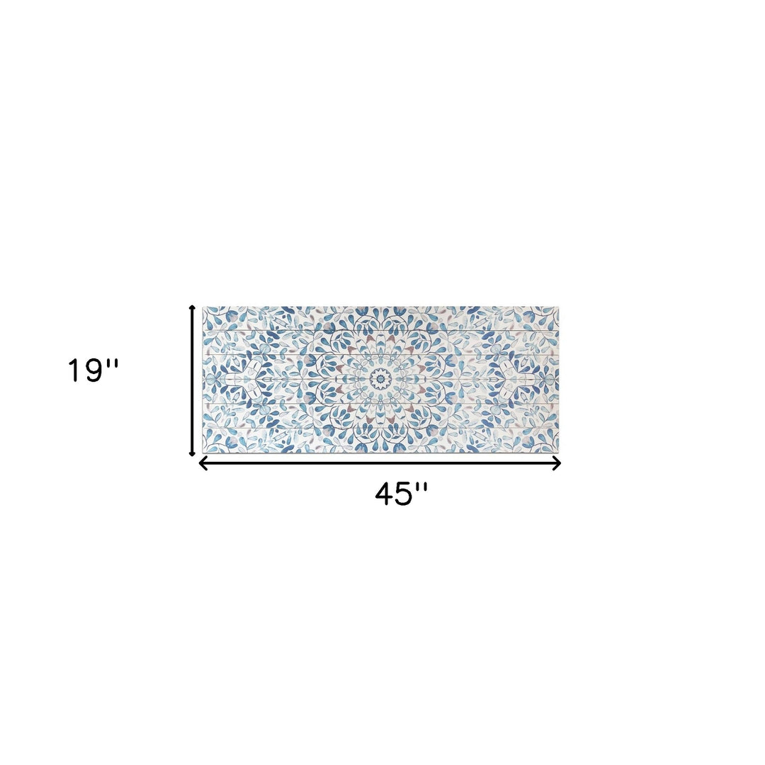 19" X 45" Shades of Blue Ornate Floral Medallion Wood Plank Wall Art