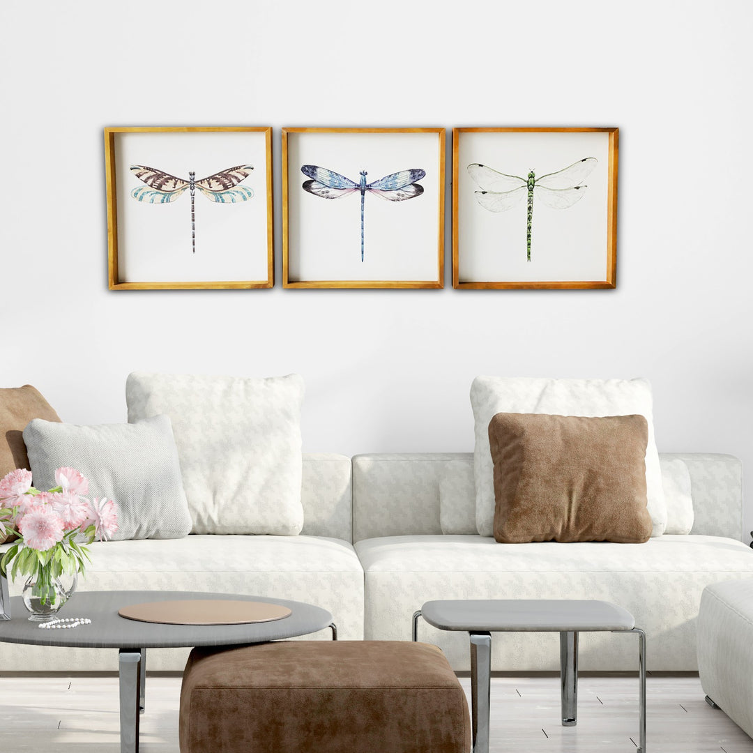 Set Of Three Dragonfly Wood Framed Canvas Wall Art Picture Frame Graphic Art Wall Art