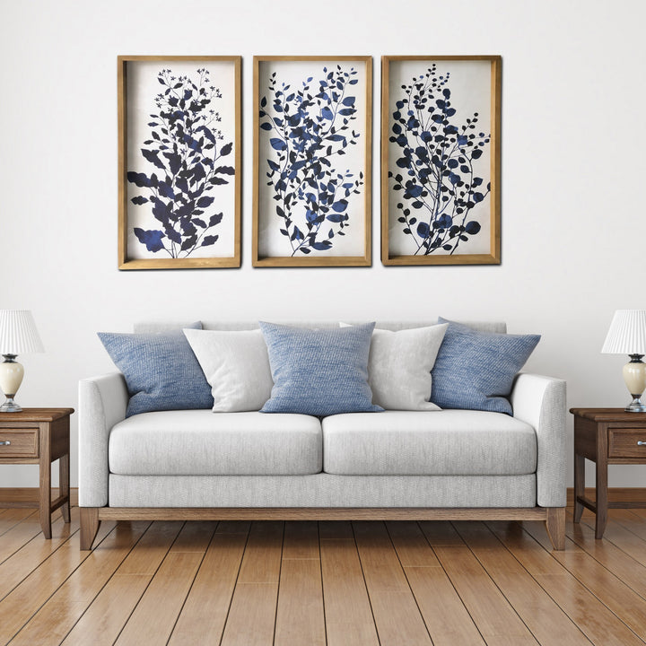 Set Of Three Blue Branches Framed Canvas Wall Art Picture Frame Graphic Art Wall Art