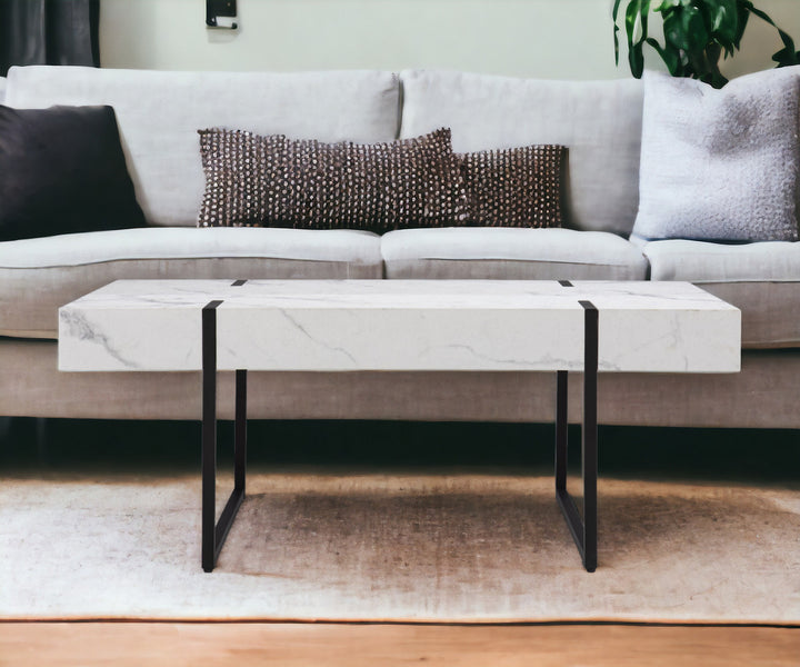 43" White And Black Faux Marble And Metal With Iron Coffee Table