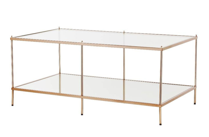 42" Gold Glass And Metal Rectangular Mirrored Coffee Table