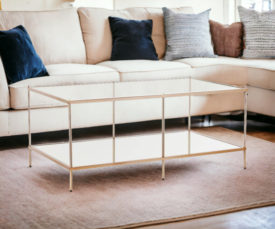 42" Gold Glass And Metal Rectangular Mirrored Coffee Table