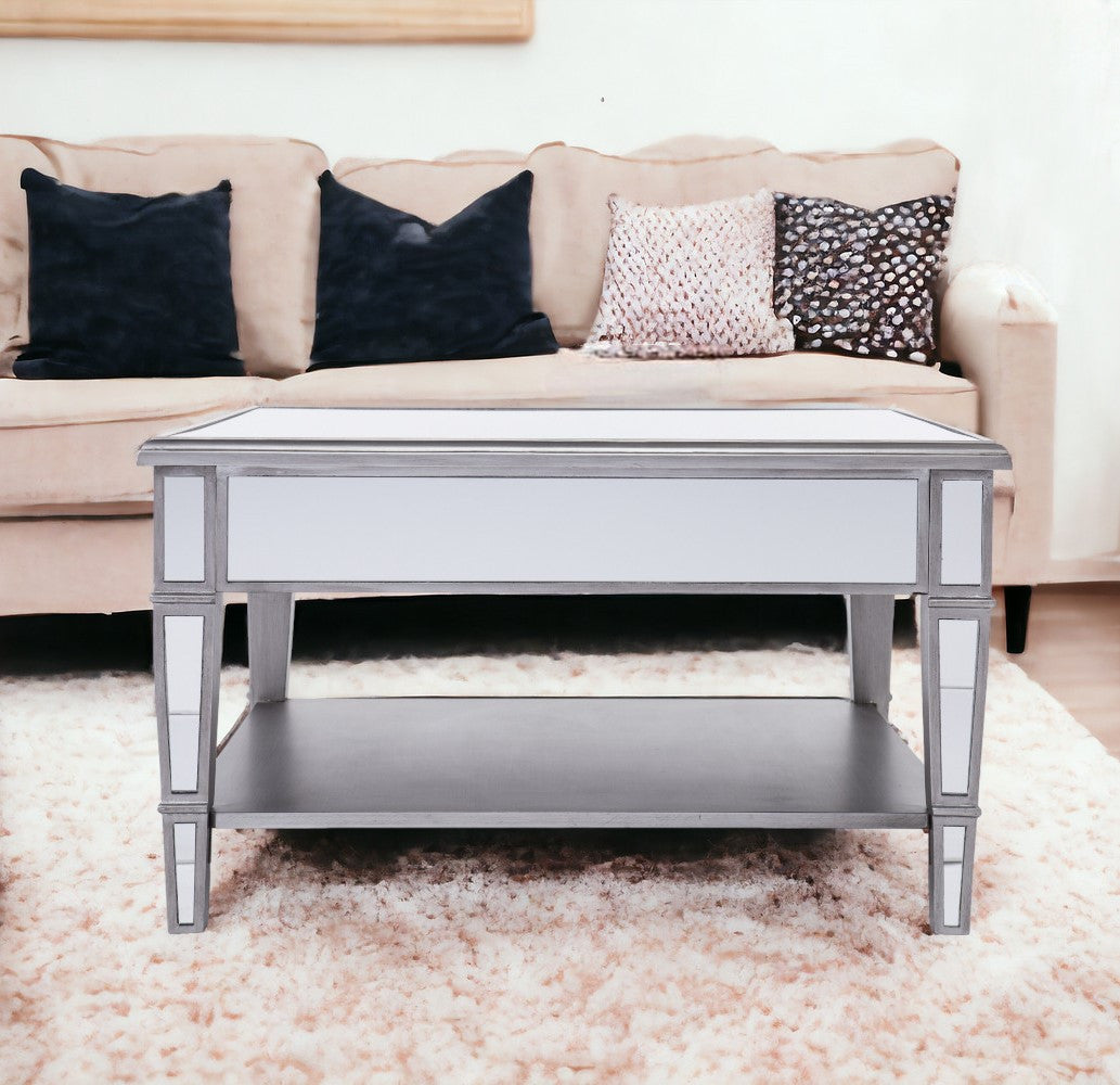 29" Silver Mirrored Square Coffee Table With Shelf