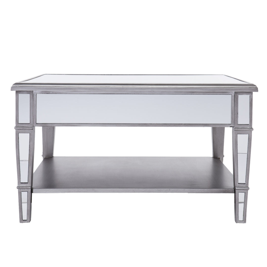 29" Silver Mirrored Square Coffee Table With Shelf