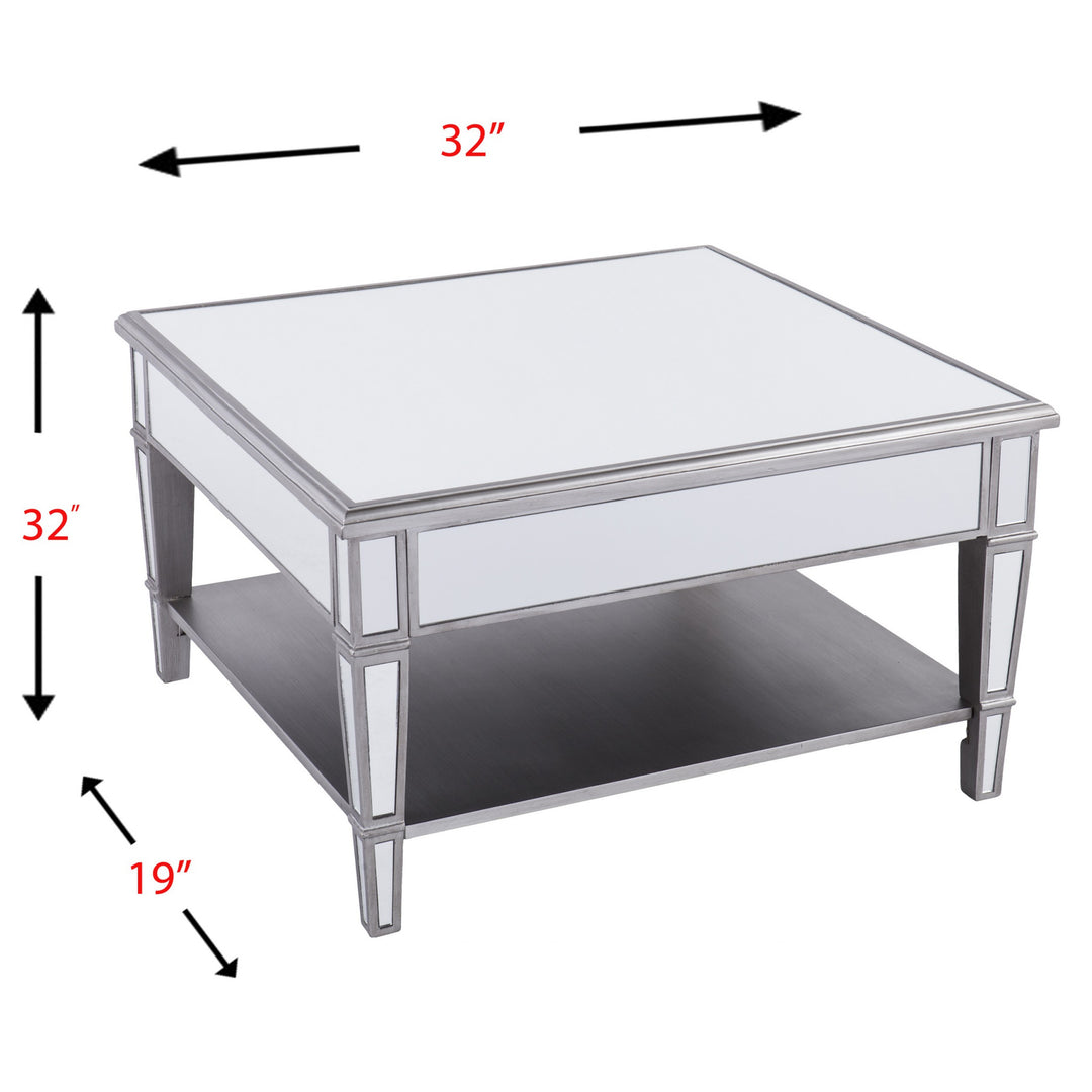 29" Silver Mirrored Square Coffee Table With Shelf