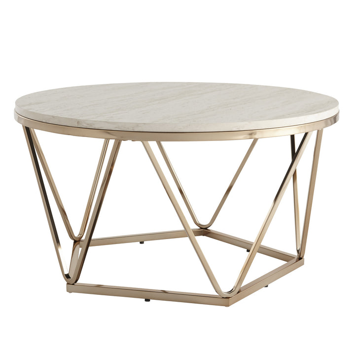 33" Champagne Solid Manufactured Wood And Metal Round Coffee Table