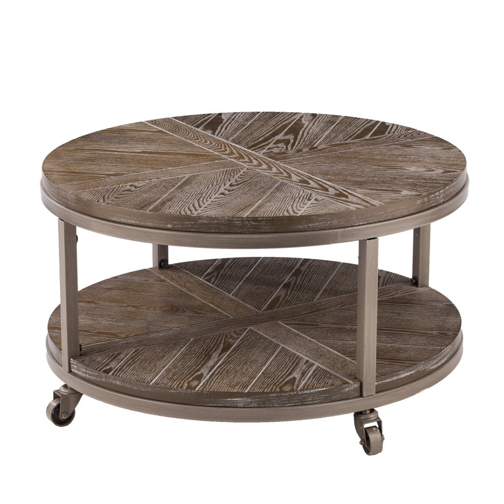 32" Brown Rustic and Distressed Round Two Tier Rolling Coffee Table