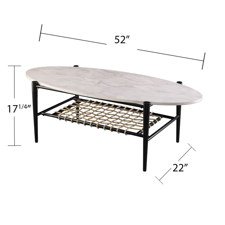 52" Black and White Metal and Faux Marble Boho Rope Oval Coffee Table