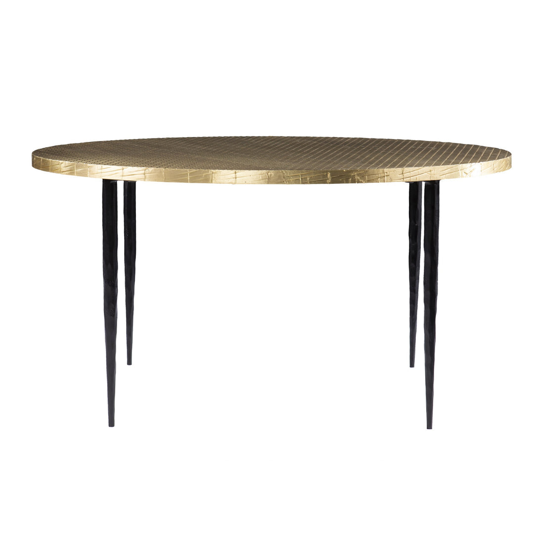 34" Black And Gold Embossed Metal Round Coffee Table