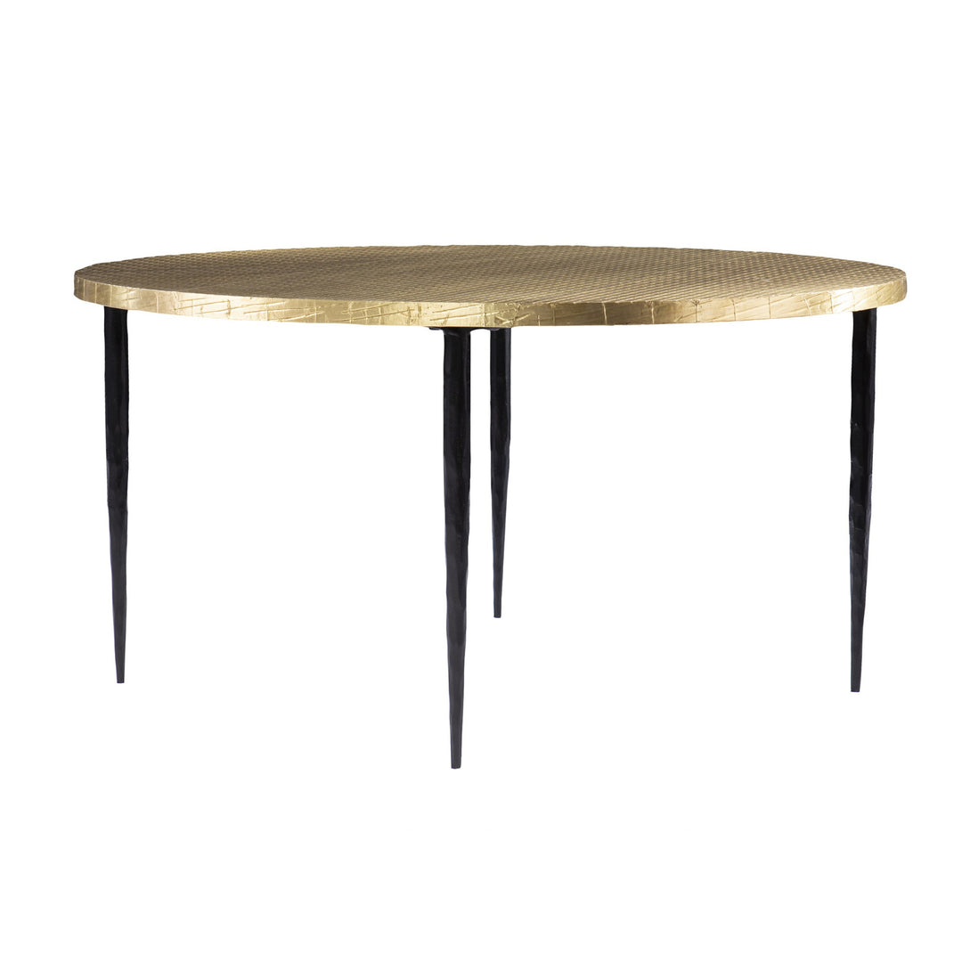 34" Black And Gold Embossed Metal Round Coffee Table