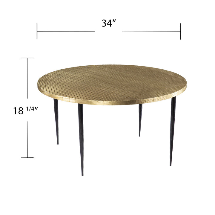 34" Black And Gold Embossed Metal Round Coffee Table