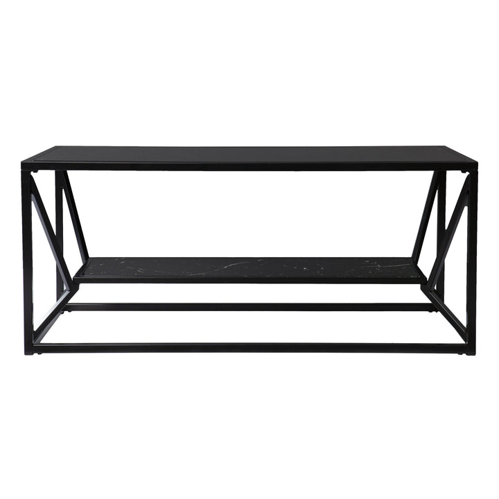 42" Black Glass Faux Marble And Metal Coffee Table With Shelf