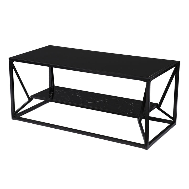 42" Black Glass Faux Marble And Metal Coffee Table With Shelf