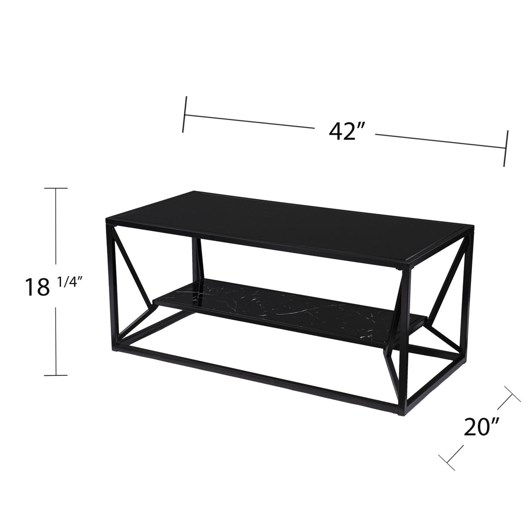 42" Black Glass Faux Marble And Metal Coffee Table With Shelf