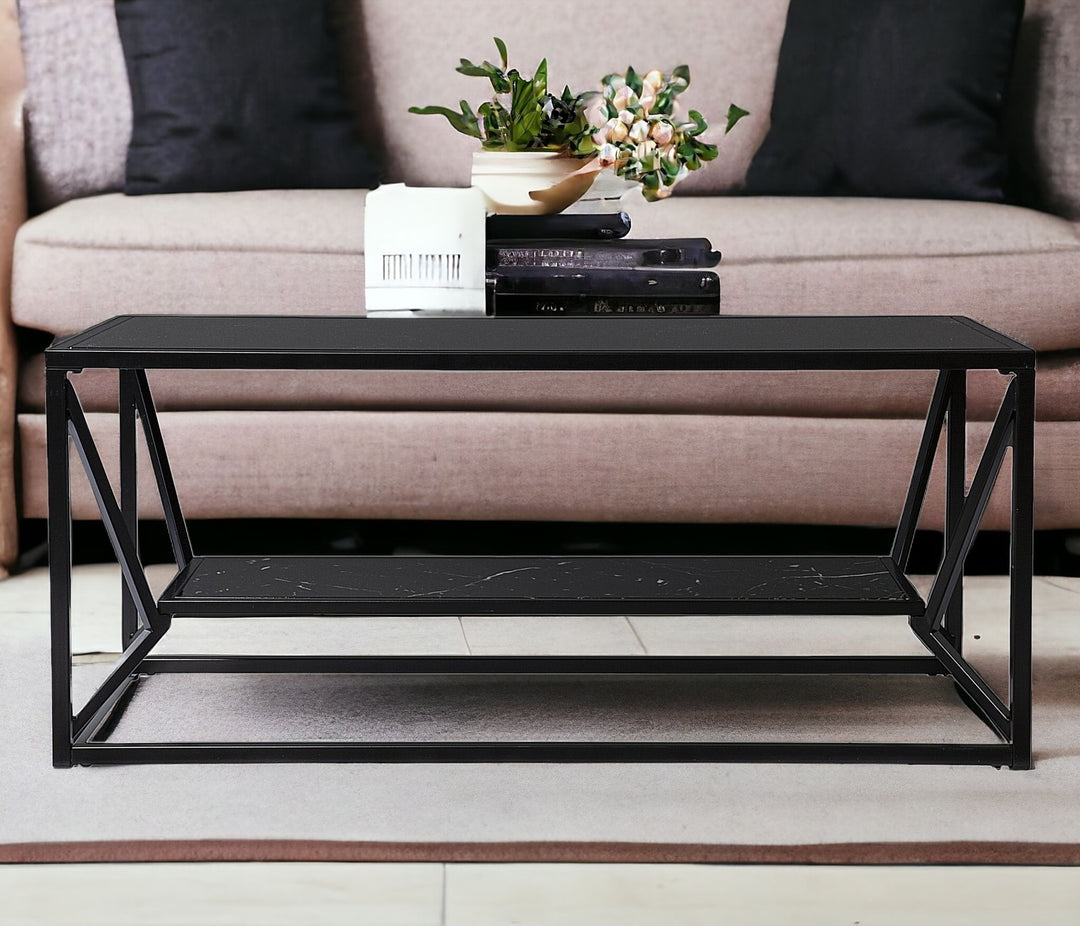 42" Black Glass Faux Marble And Metal Coffee Table With Shelf