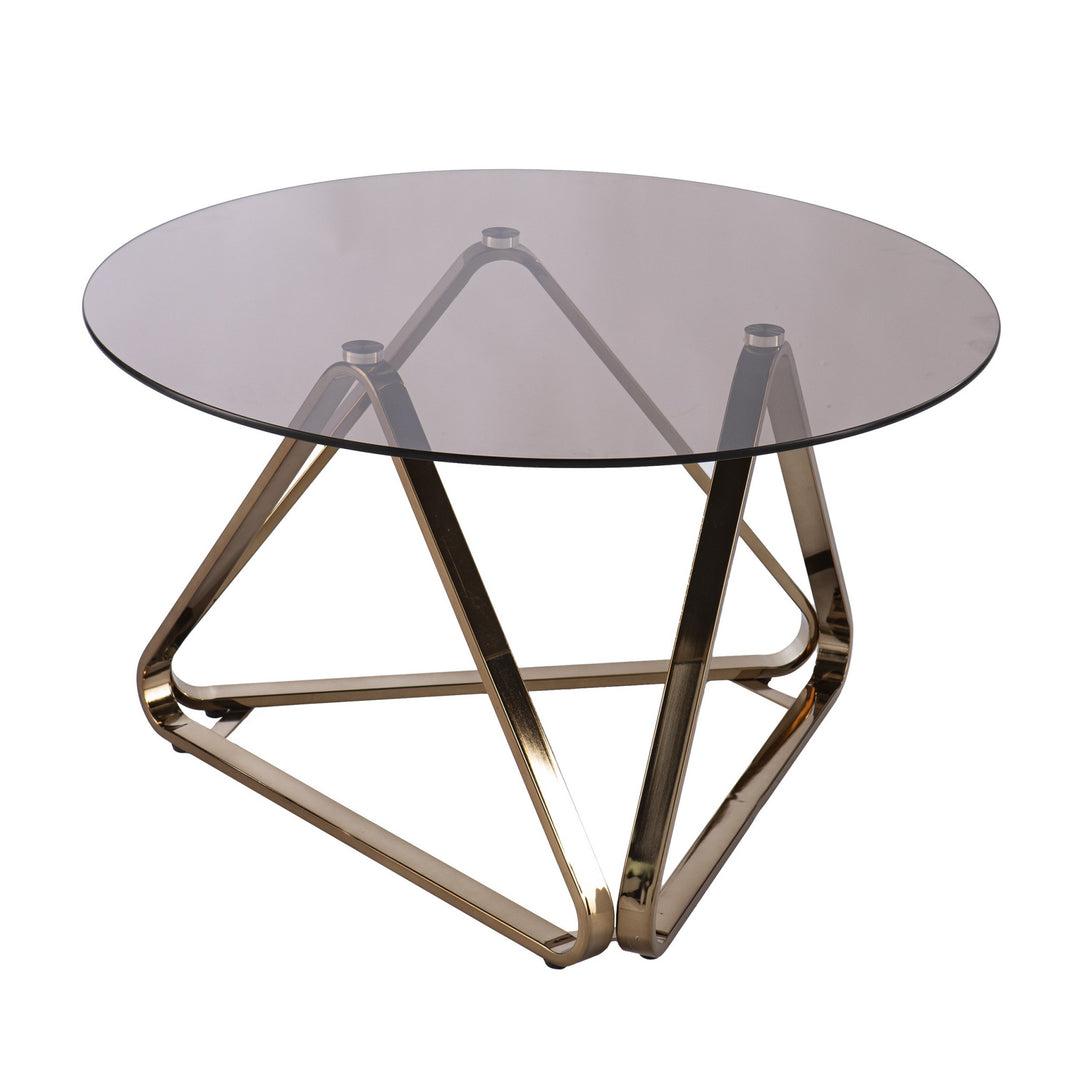 31" Champagne Glass And Metal Round Coffee Table