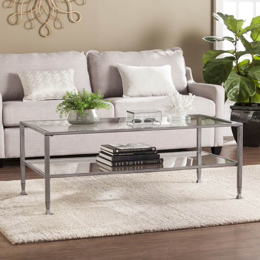 48" Silver Glass And Metal Rectangular Coffee Table