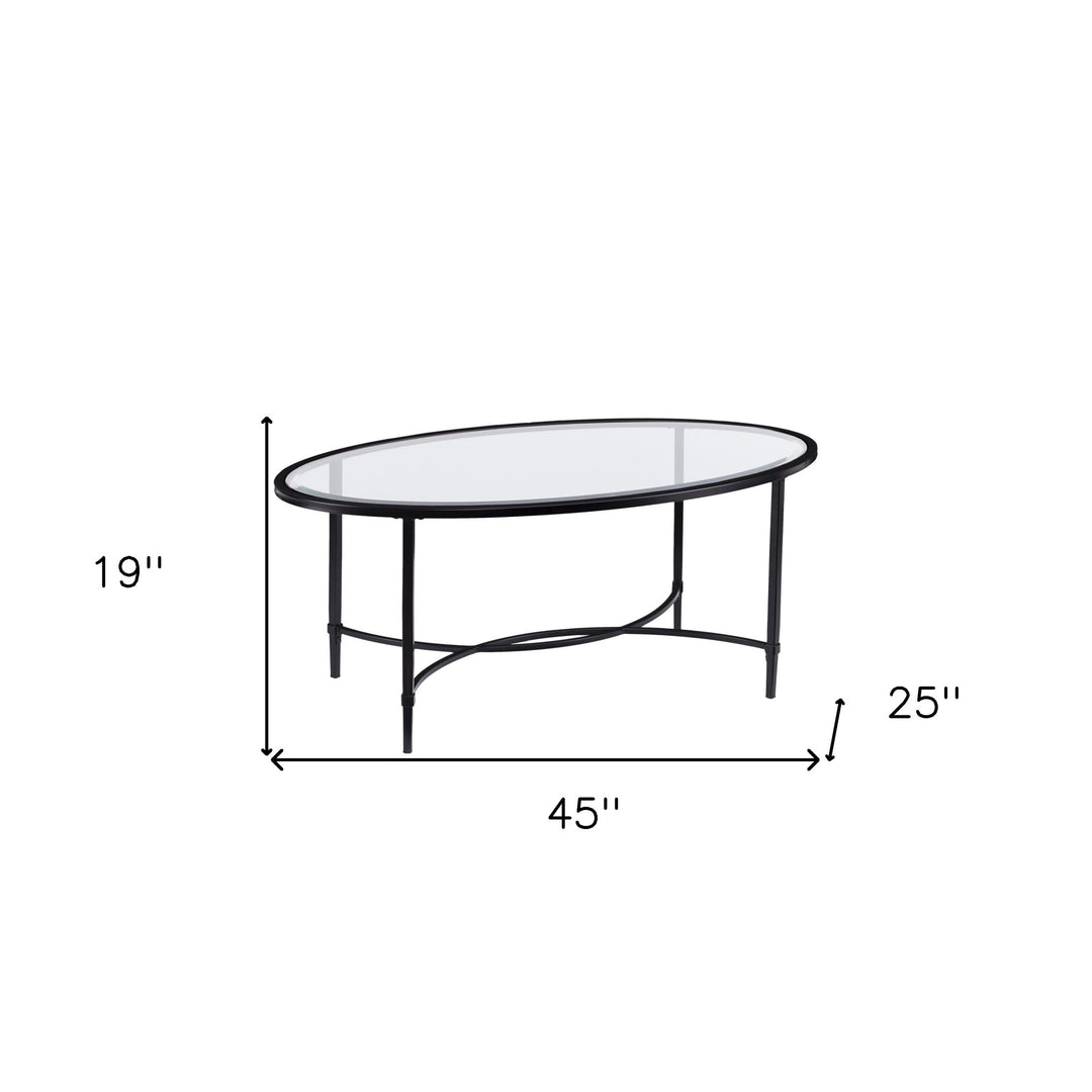 45" Black Glass And Metal With Iron Oval Coffee Table