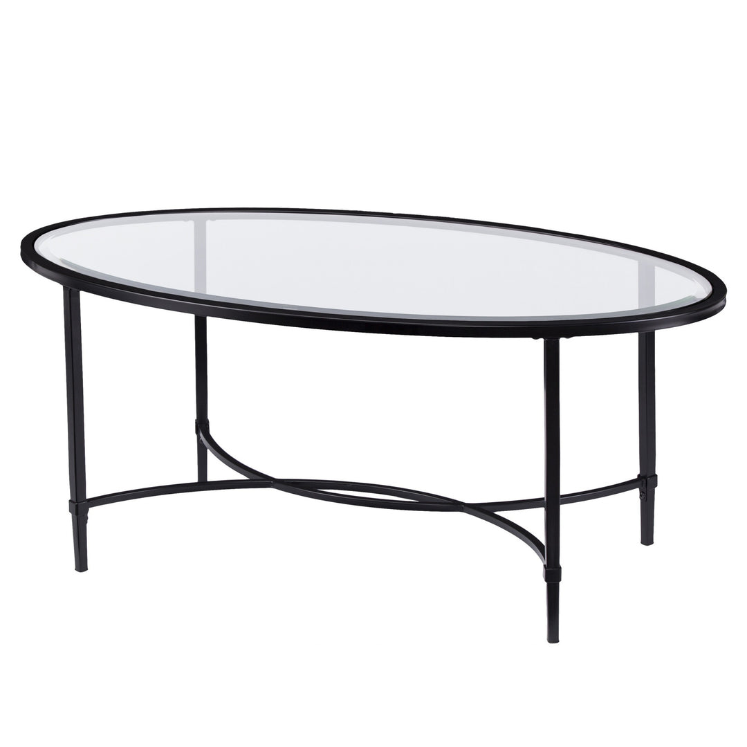 45" Black Glass And Metal With Iron Oval Coffee Table