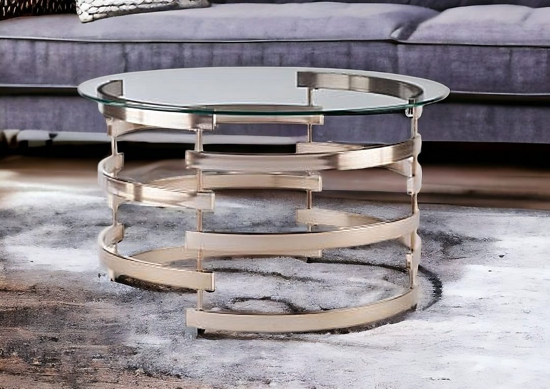 32" Clear And Champagne Glass And Metal With Iron Round Coffee Table