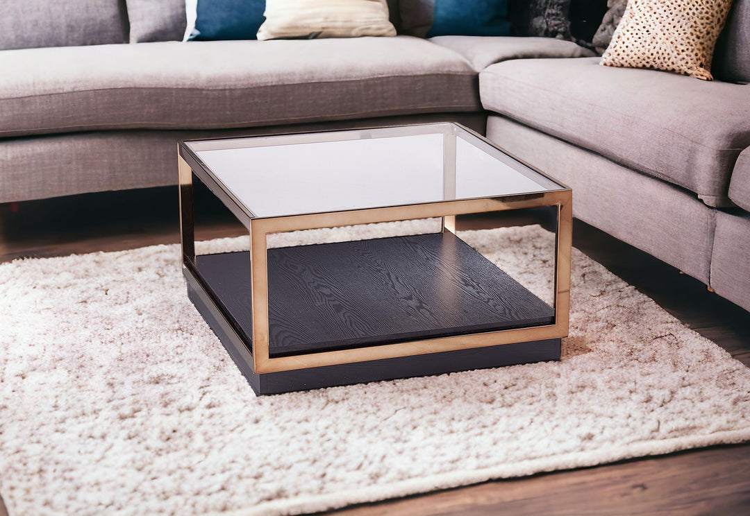 33" Champagne Glass And Solid Manufactured Wood Square Coffee Table