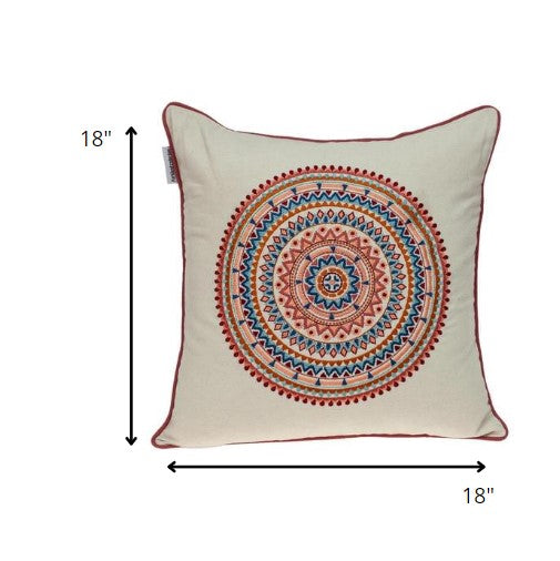 18" X 18" Beige and Blue Abstract Indoor Outdoor Throw Pillow