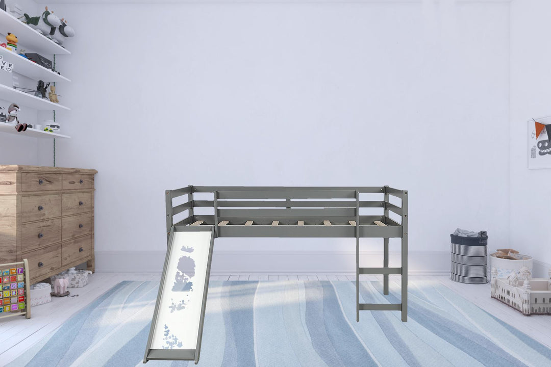 Gray Twin Size Low Loft Bed With Slide