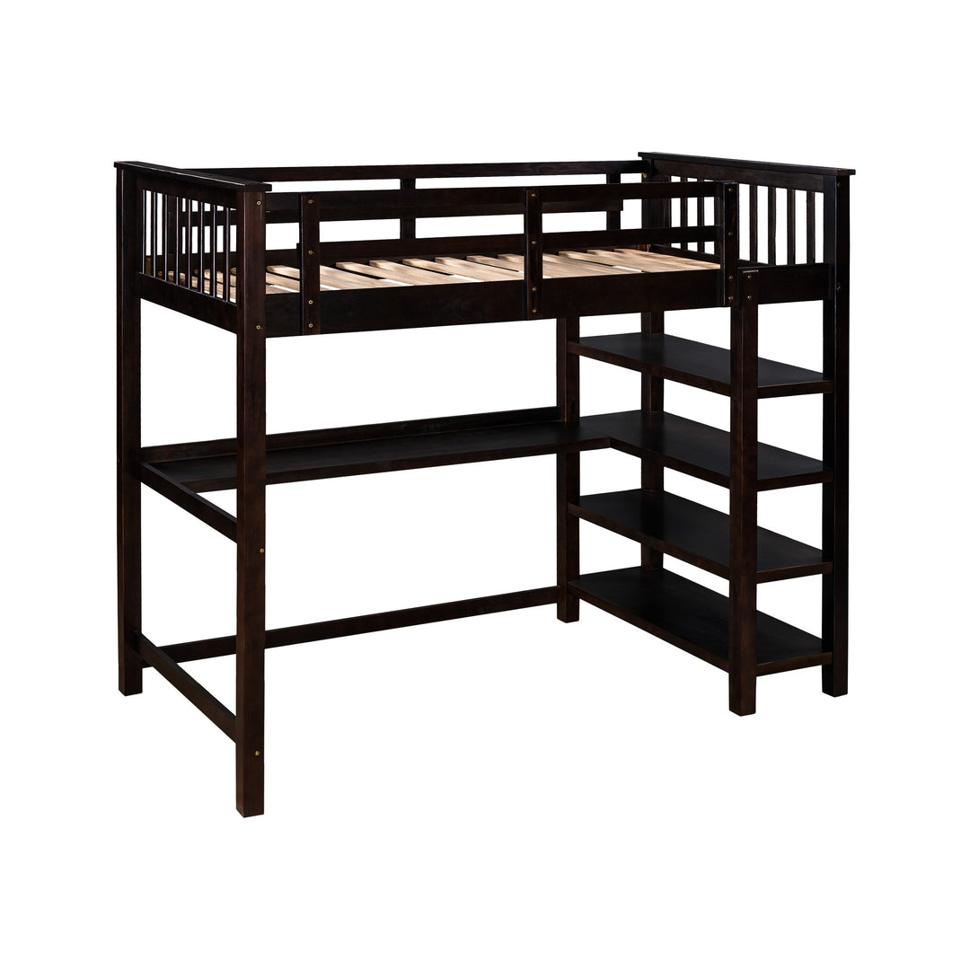 Espresso Twin Size Wood Loft Bed with Storage Shelves and Desk